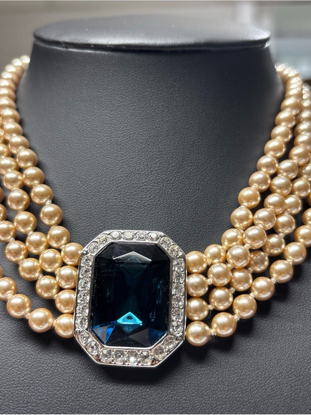Kenneth Lane KJL "Princess Diana" 4-Strand Faux Pearl Faux Sapphire Ctr Necklace
